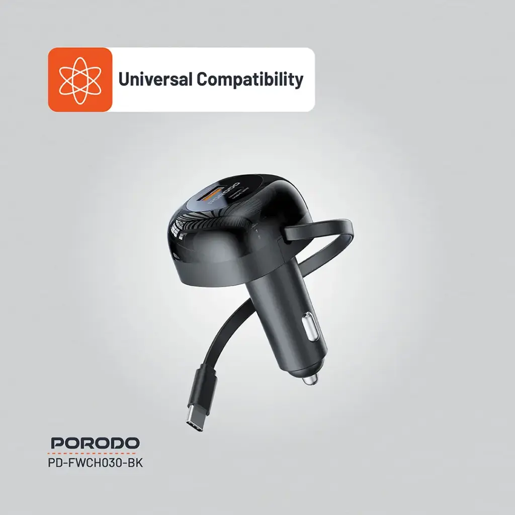 Porodo Dual Port Car Charger 80cm Retractable Type-C Cable 4 Porodo Dual Port Car Charger 80cm Retractable Type-C Cable - Image 4