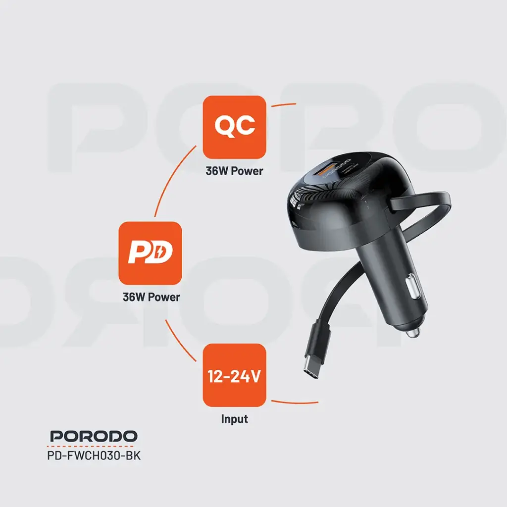 Porodo Dual Port Car Charger 80cm Retractable Type-C Cable 2 Porodo Dual Port Car Charger 80cm Retractable Type-C Cable - Image 2